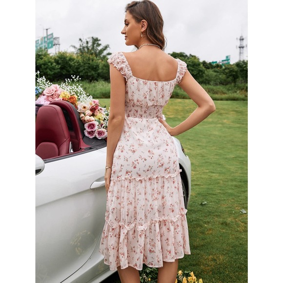 Cottagecore Floral Print Shirred Waist Knot Front Ruffle Hem Dress pink - Picture 2 of 5